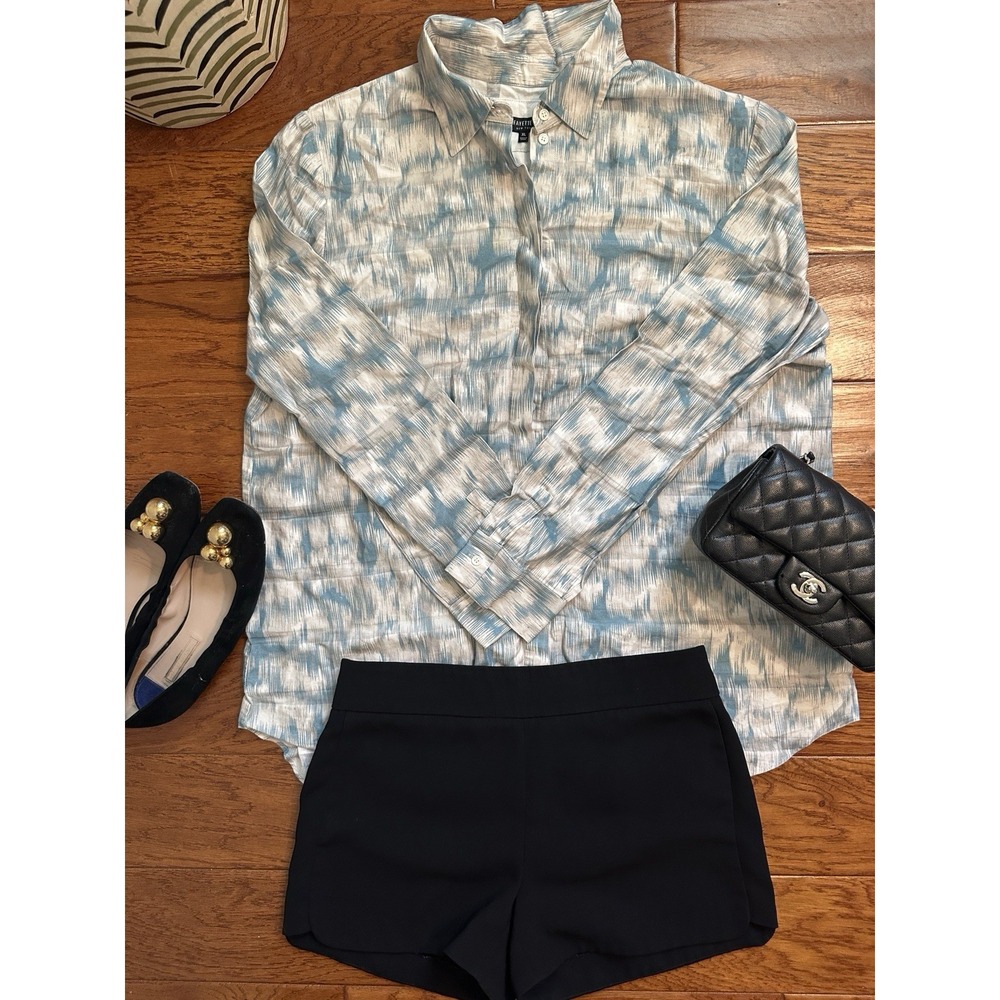 Lafayette 148 Button Up Shirt Women's XL Long Sleeve Cotton Cream Blue Abstract